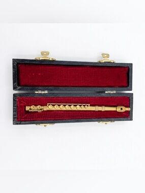 Vintage Hallmark 90’s Miniature Flute Gold Toned With Velvet Lined Case